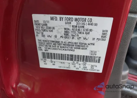 2012 Ford Escape Xlt из США, поврежденный, VIN 1FMCU0D7XCKB70962